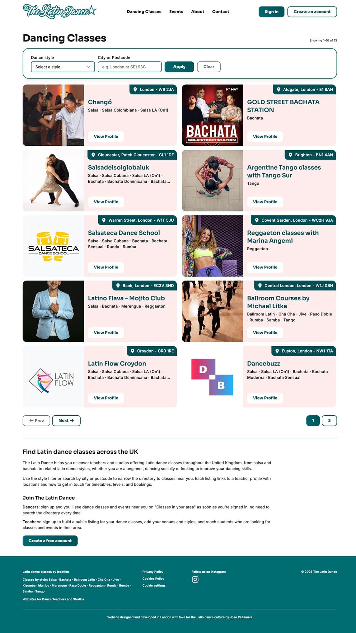 The Latin Dance classes page